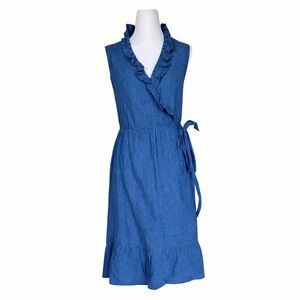 Boden Nancy Linen Midi Dress Ruffle Wrap Tie Waist Blue Size 8 Sleeveless